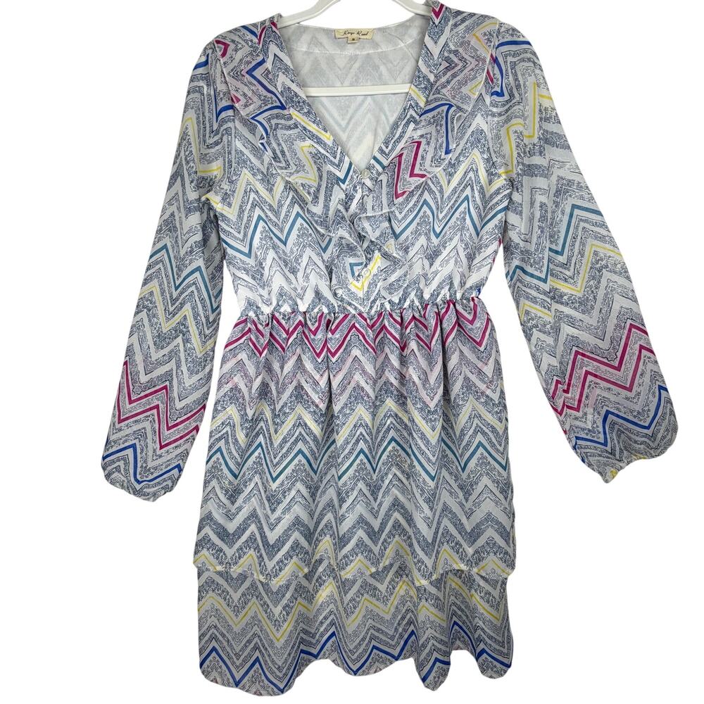 Kings Road Chevron Print Peasant Dress Womens Size S Multicolor Boho MIni A-Line